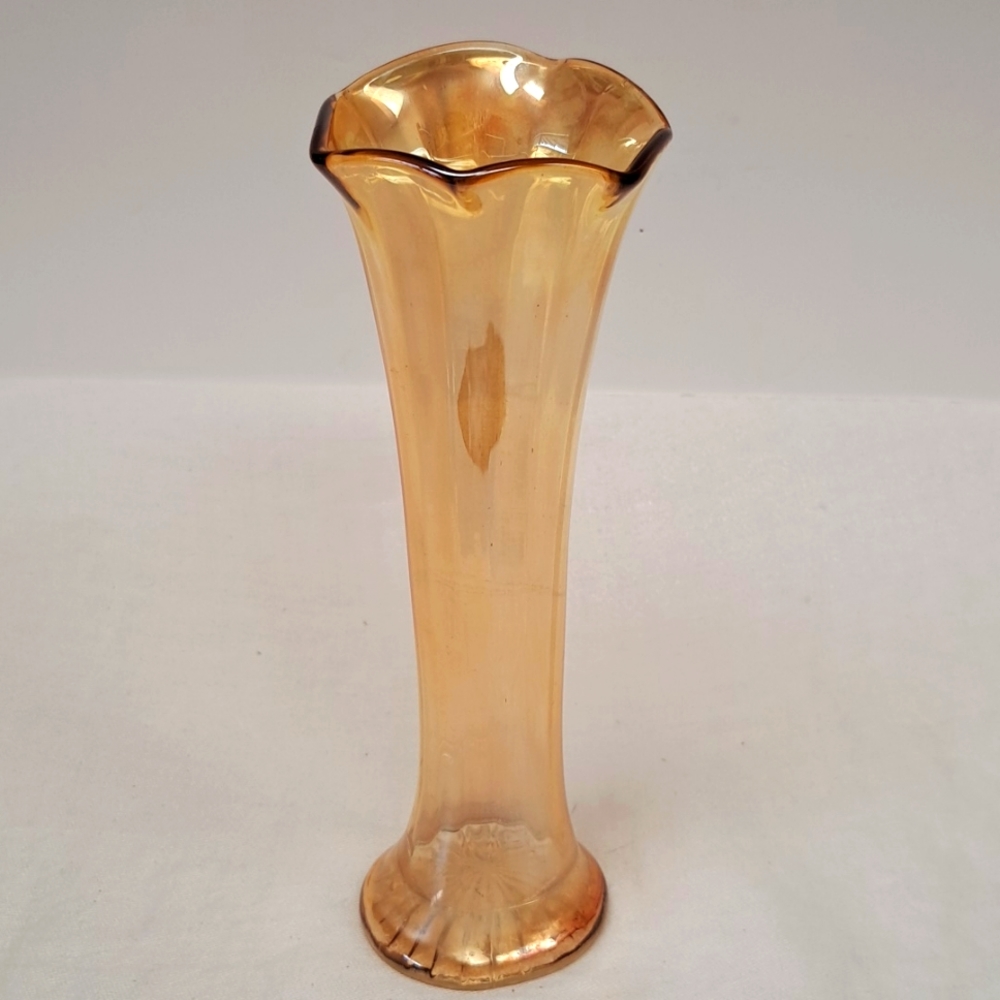 Vintage 8.5”   handmade marigold carnival glass flutted edge SWUNG VASE